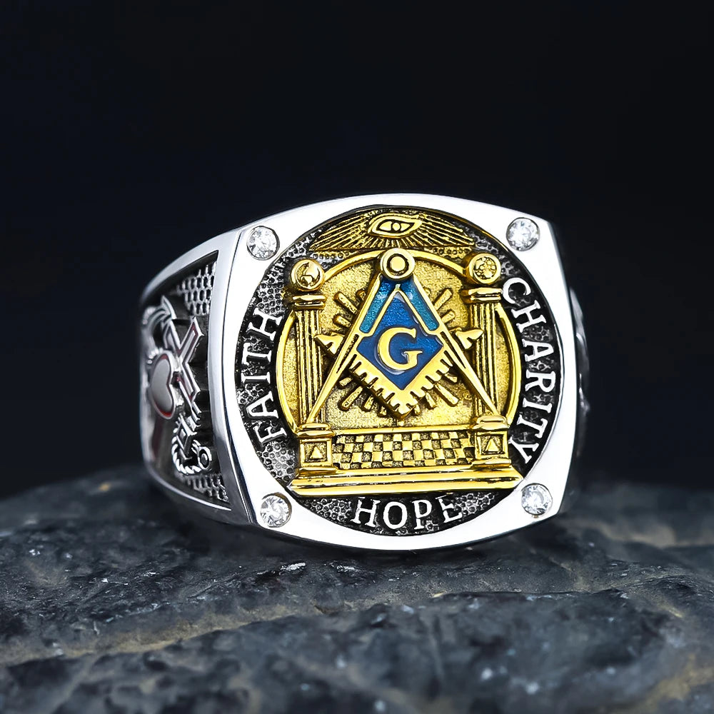 Master Mason Blue Lodge Ring - Sterling Silver Faith Hope and Charity with S&C G - Bricks Masons