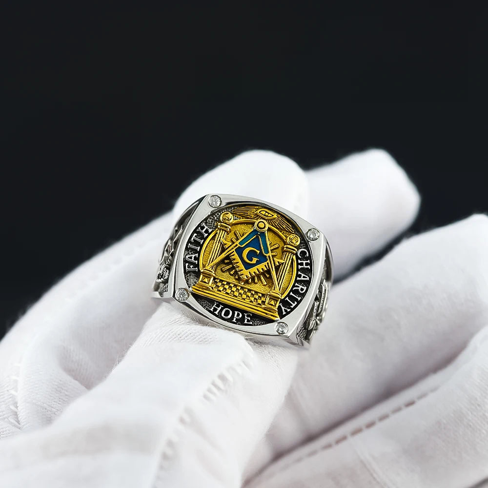 Master Mason Blue Lodge Ring - Sterling Silver Faith Hope and Charity with S&C G - Bricks Masons