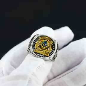 Master Mason Blue Lodge Ring - Sterling Silver Faith Hope and Charity with S&C G - Bricks Masons