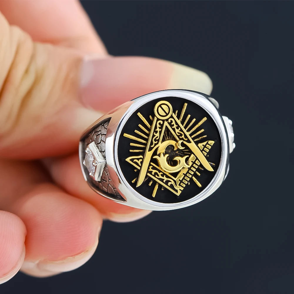 Master Mason Blue Lodge Ring - Sterling Silver S&C G with Stones On The Sides
