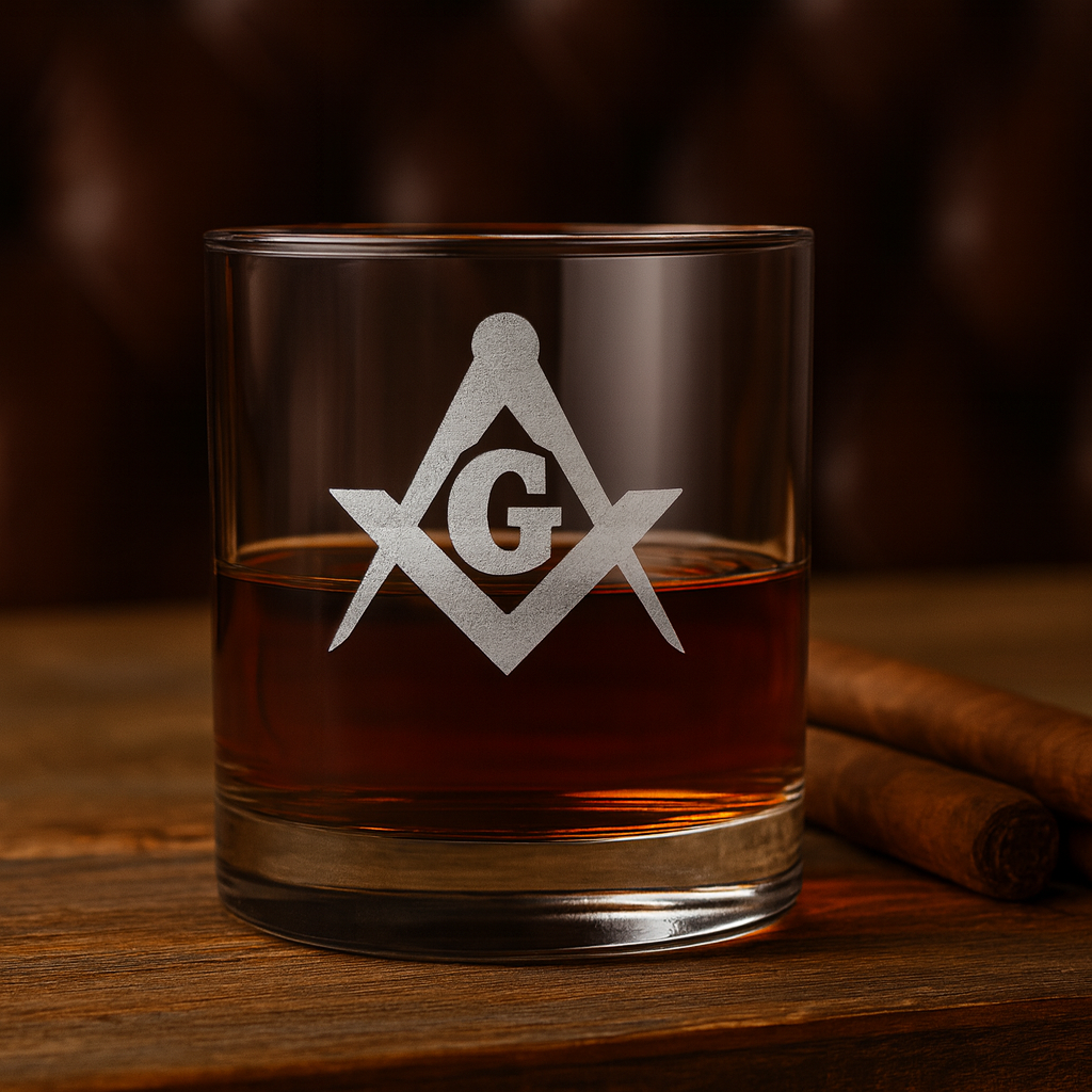 Master Mason Blue Lodge Whiskey Glass - Square & Compasses with G