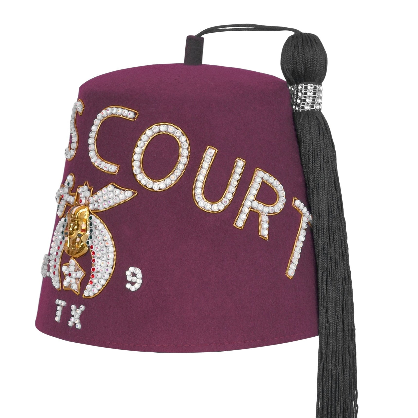 Shriners Fez Hat - Burgundy Wool Rhinestones Letters & Gold Embroidery