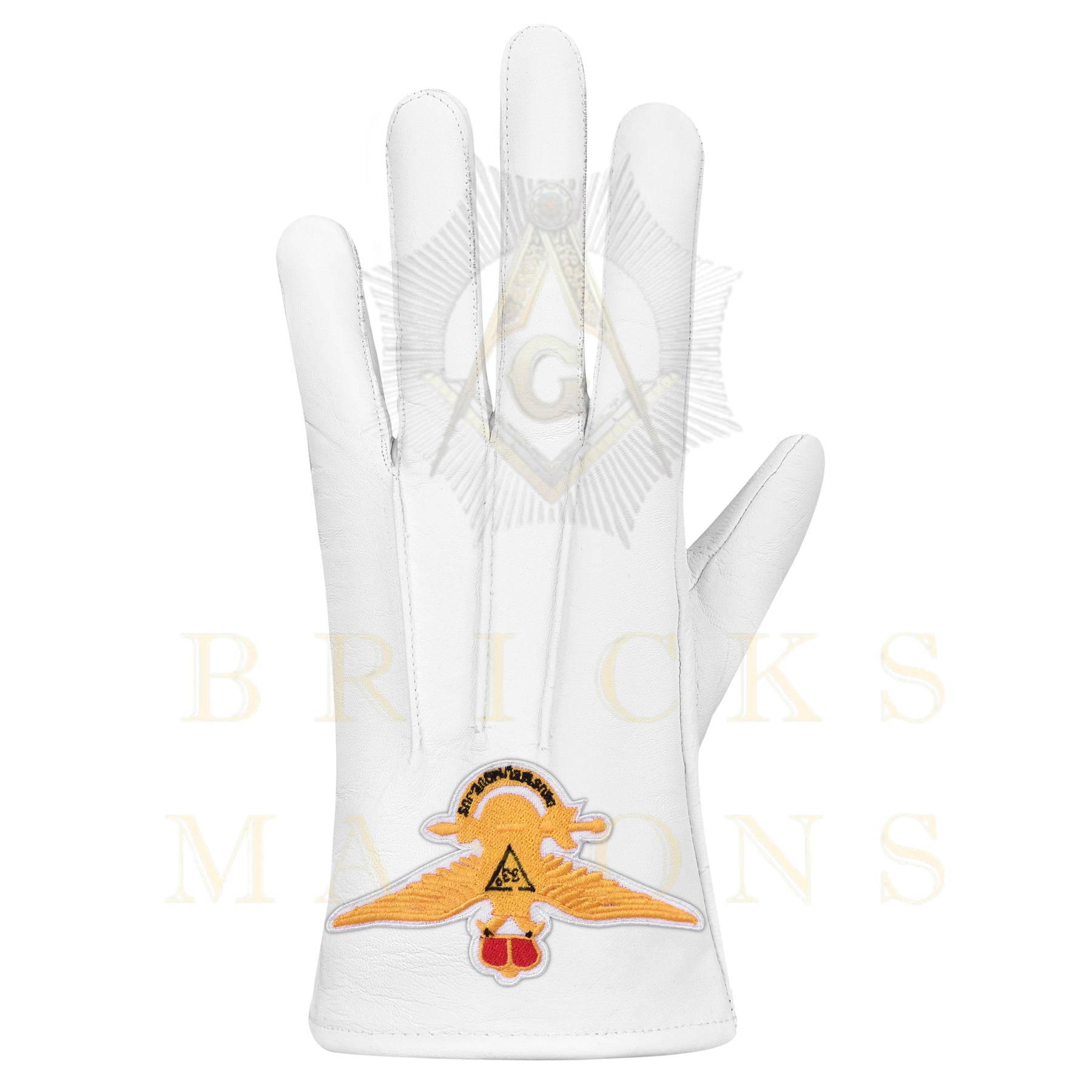 33rd Degree Scottish Rite Gloves - White Leather Eagle Patch Wings Up - Bricks Masons