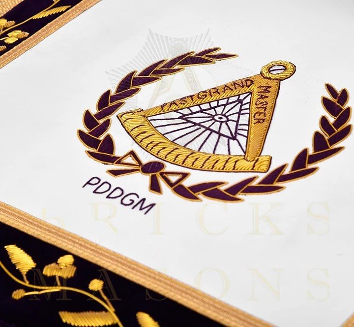 Past District Deputy Grand Master Blue Lodge Apron - Purple Velvet Golden Bullion With Wreath & Fringe - Bricks Masons