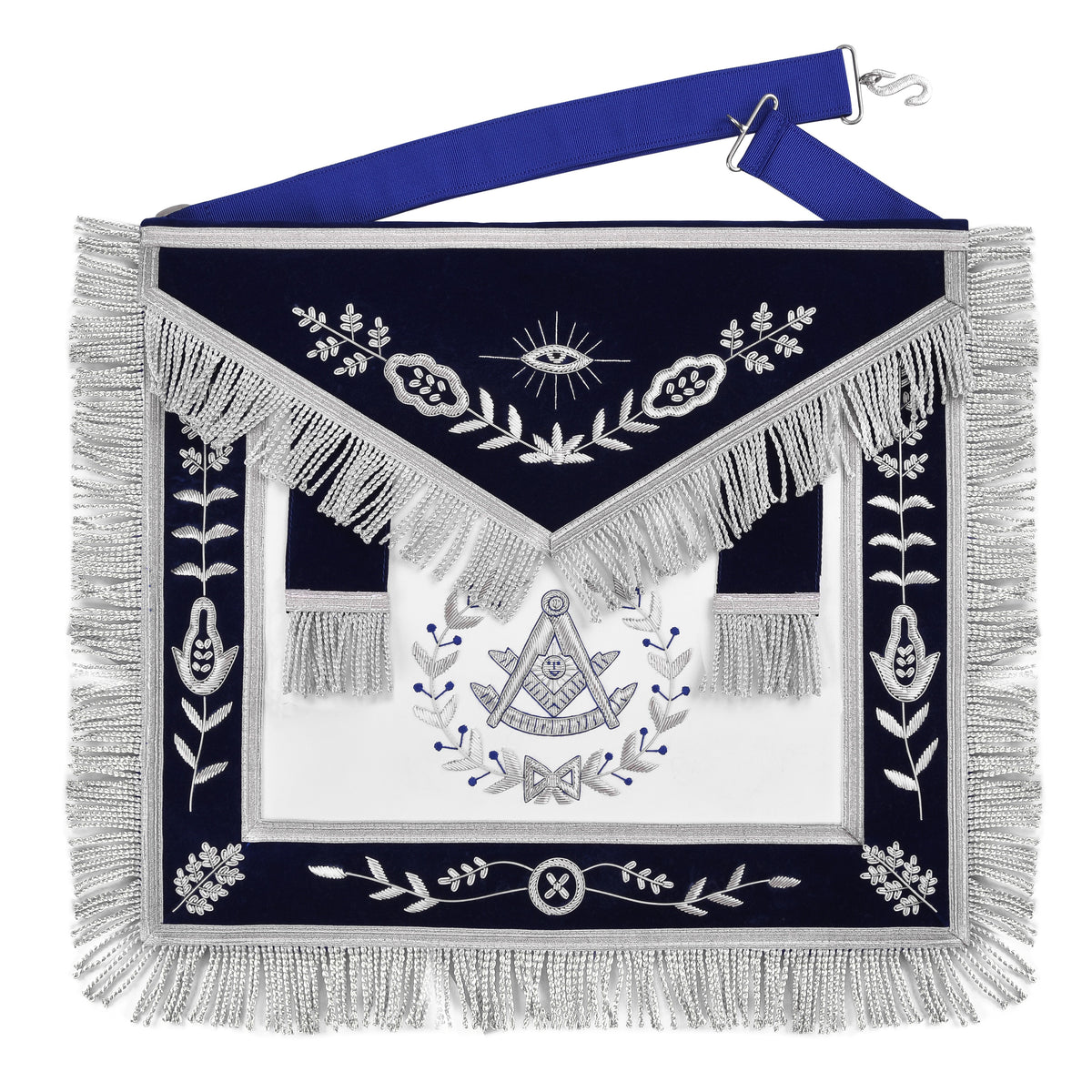 Past Master Blue Lodge Apron - Royal Blue Velvet Silver Bullion With Wreath & Fringe - Bricks Masons