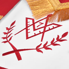 Master Mason Blue Lodge Apron - Red Ribbon Golden Bullion With Wreath & Fringe - Bricks Masons