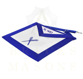 Secretary Blue Lodge Officer Apron - Blue Ribbon With Machine Embroidery Customizable Flap - Bricks Masons