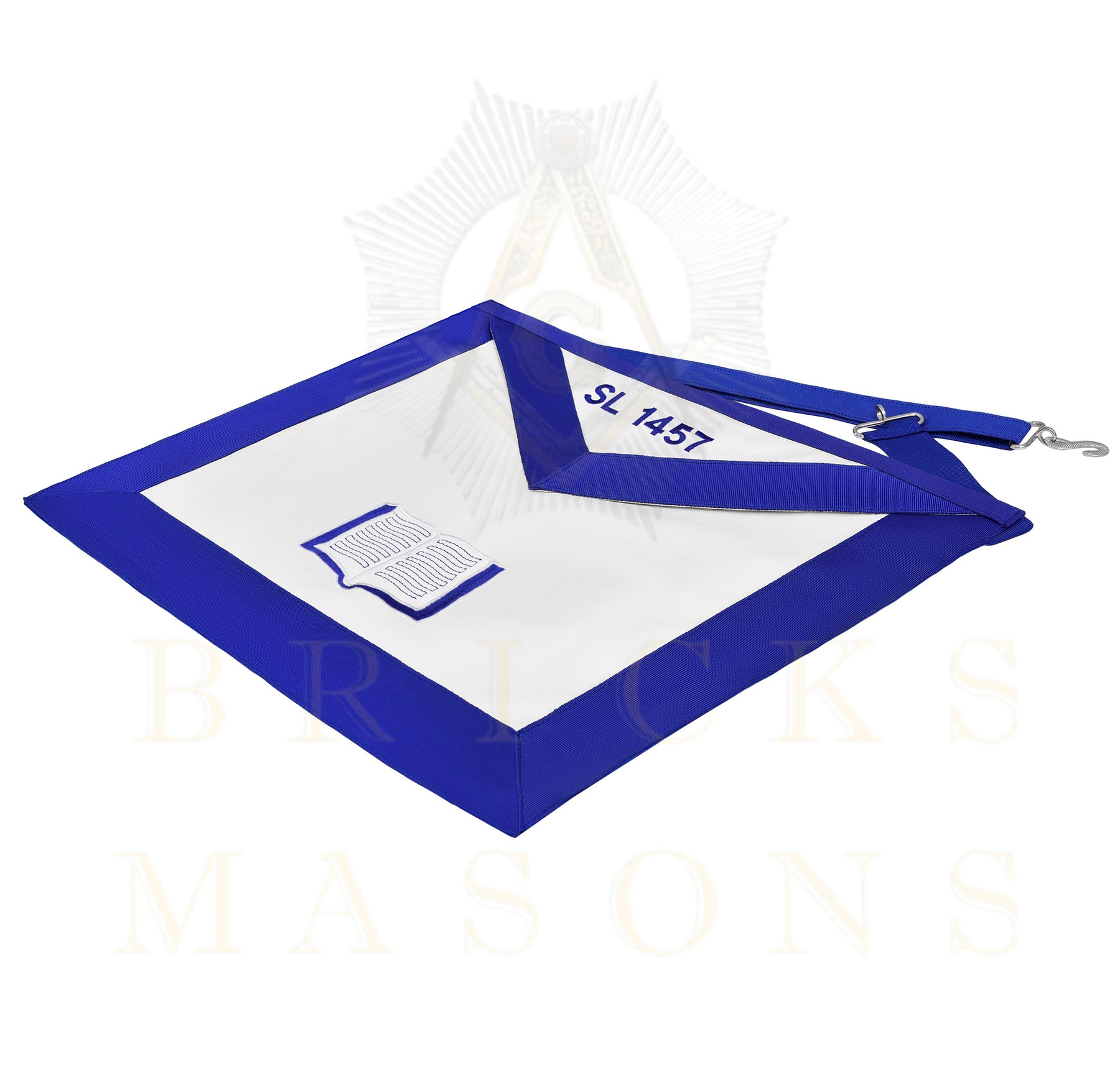 Chaplain Blue Lodge Officer Apron - Blue Ribbon With Machine Embroidery Customizable Flap - Bricks Masons