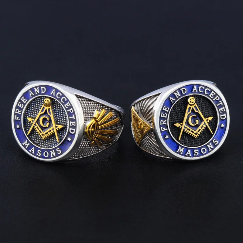 Master Mason Blue Lodge Ring - Free and Accepted Masons with S&C G Eye of Providence - Bricks Masons