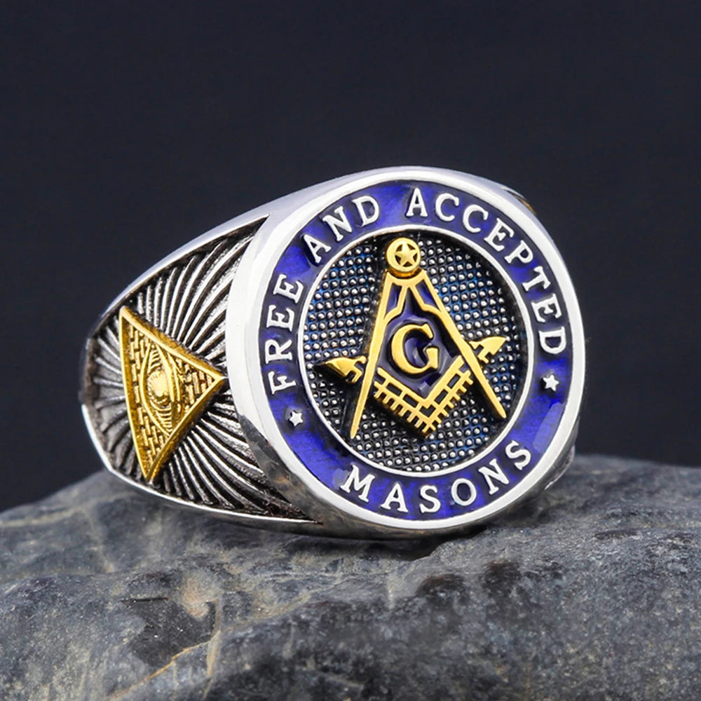Master Mason Blue Lodge Ring - Free and Accepted Masons with S&C G Eye of Providence - Bricks Masons