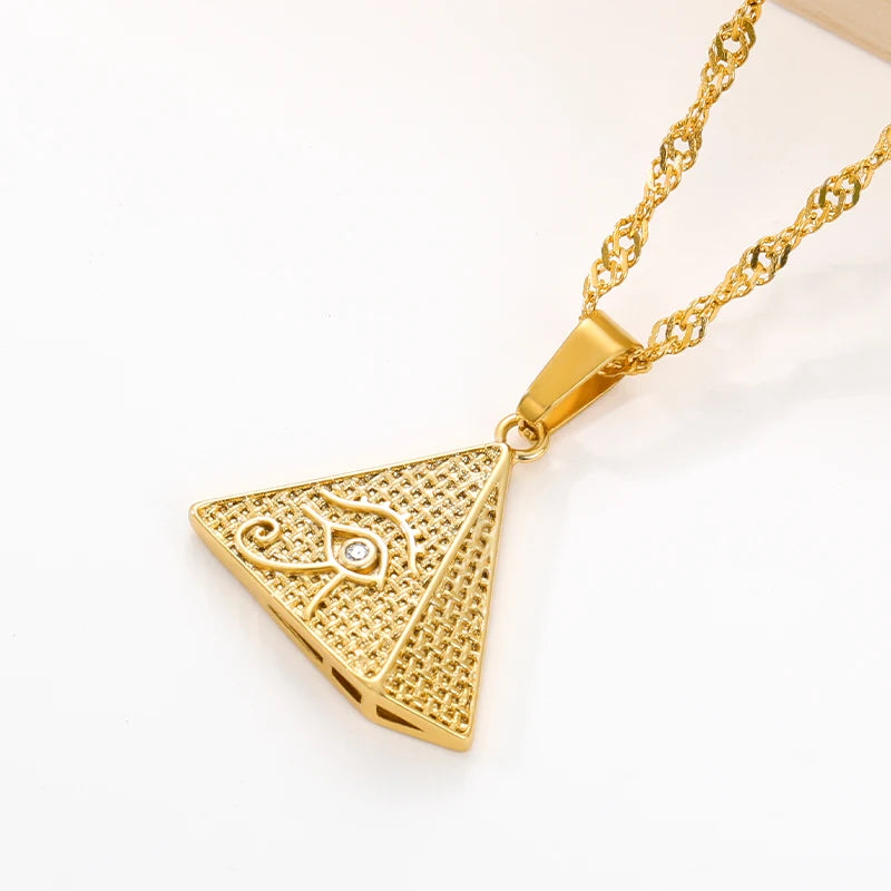 Ancient Egypt Necklace - Triangle Pyramid Eye of Horus Stainless Steel - Bricks Masons