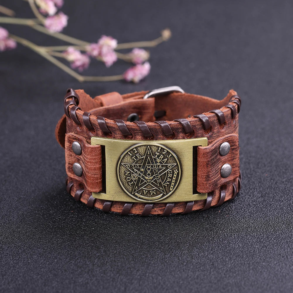 Ancient Israel Bracelet - Tetragrammaton Pentagram Pentacle  Leather Adjustable Bangle - Bricks Masons