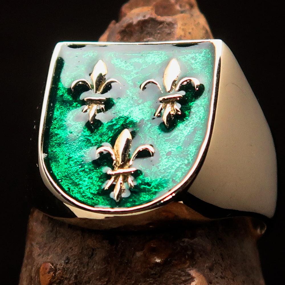 Knights Templar Commandery Ring - Green Knight Fleur De Lis Cross