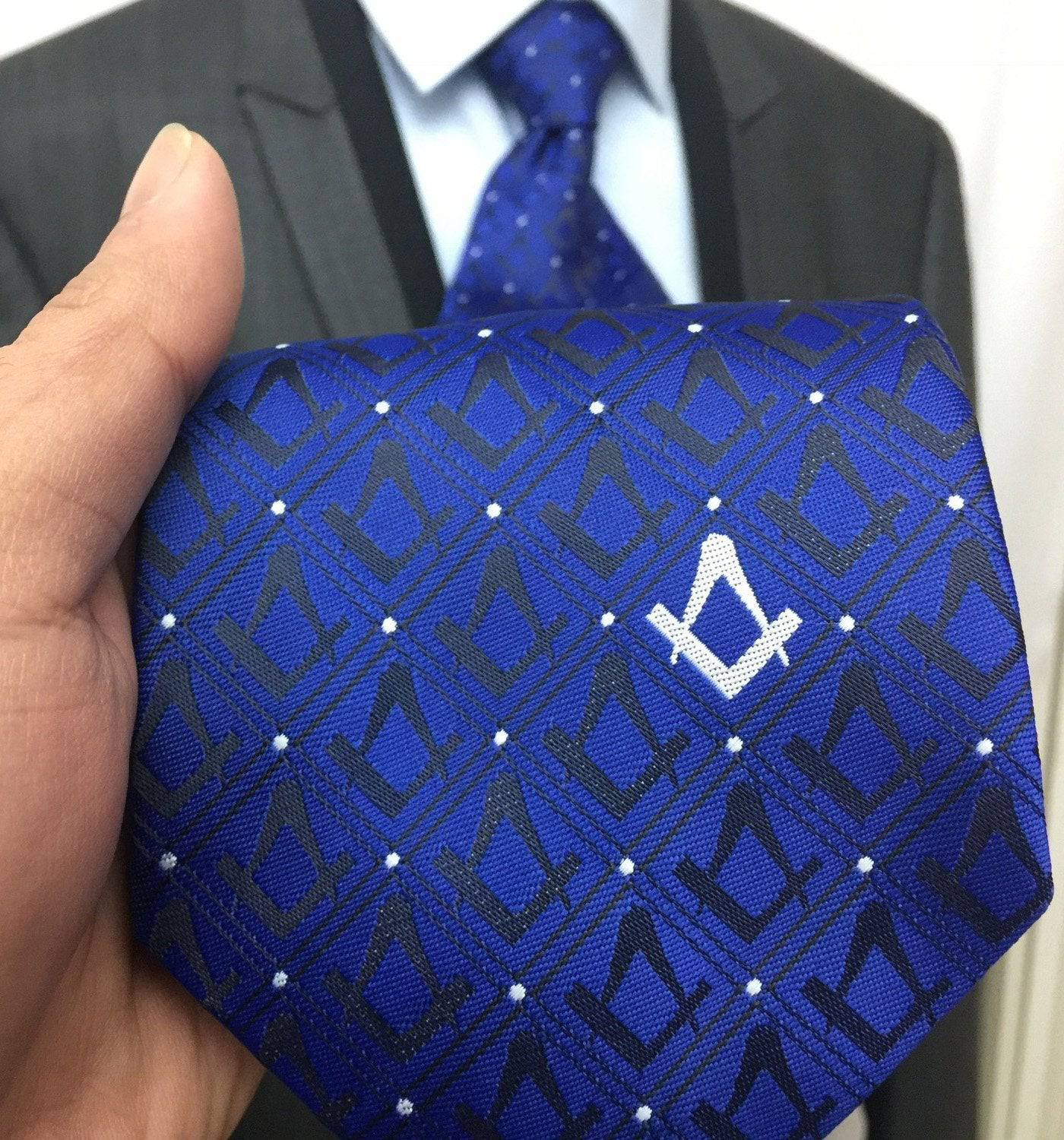 Master Mason Blue Lodge Necktie - Black & Blue with Polkadot Square & Compass