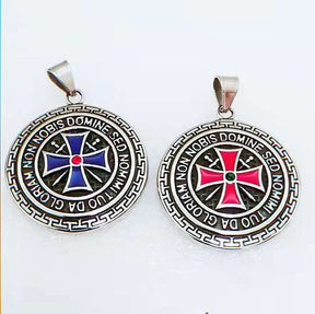 Knights Templar Commandery Pendant - Silver Steel Round Pendant With Blue Cross - Bricks Masons