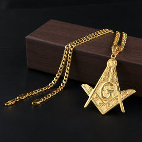 Master Mason Blue Lodge Necklace - Stainless Steel Gold Square & Compass G - Bricks Masons