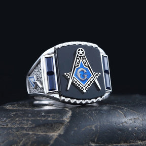 Master Mason Blue Lodge Ring - S&C G Antique Masonic Black or Blue Agate - Bricks Masons