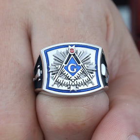 Past Master Blue Lodge Ring - Square & Compass Quadrant G Sterling Silver Ring - Bricks Masons