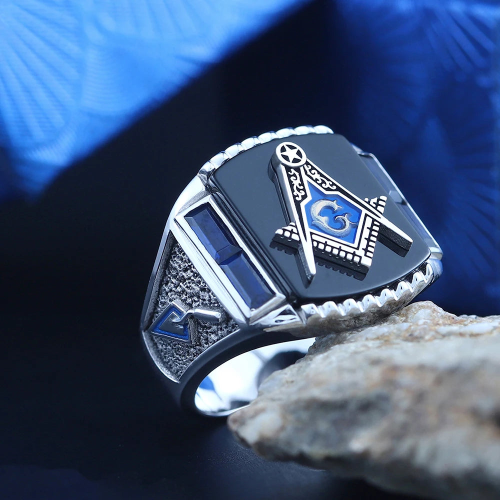 Master Mason Blue Lodge Ring - S&C G Antique Masonic Black or Blue Agate - Bricks Masons