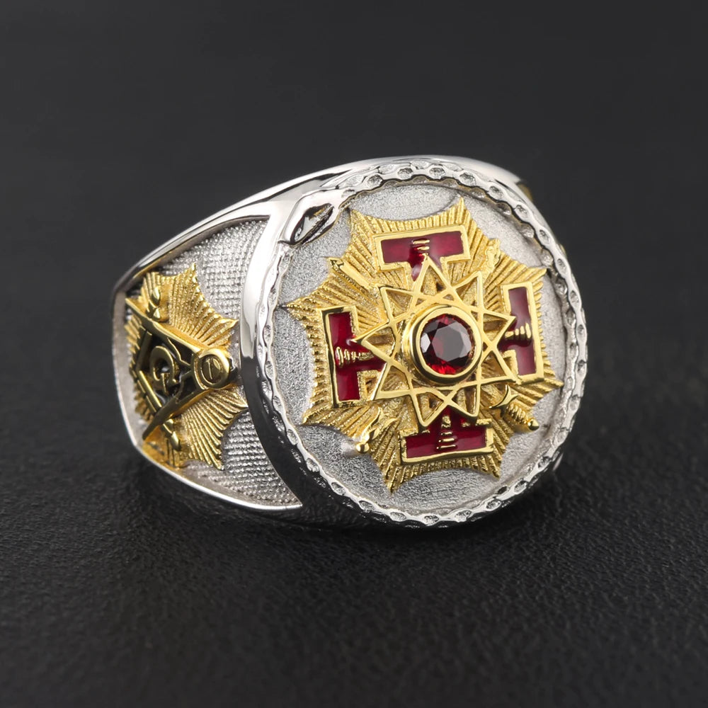 Sovereign Grand Inspector General Scottish Rite Ring - Sterling Silver Gold & Red - Bricks Masons