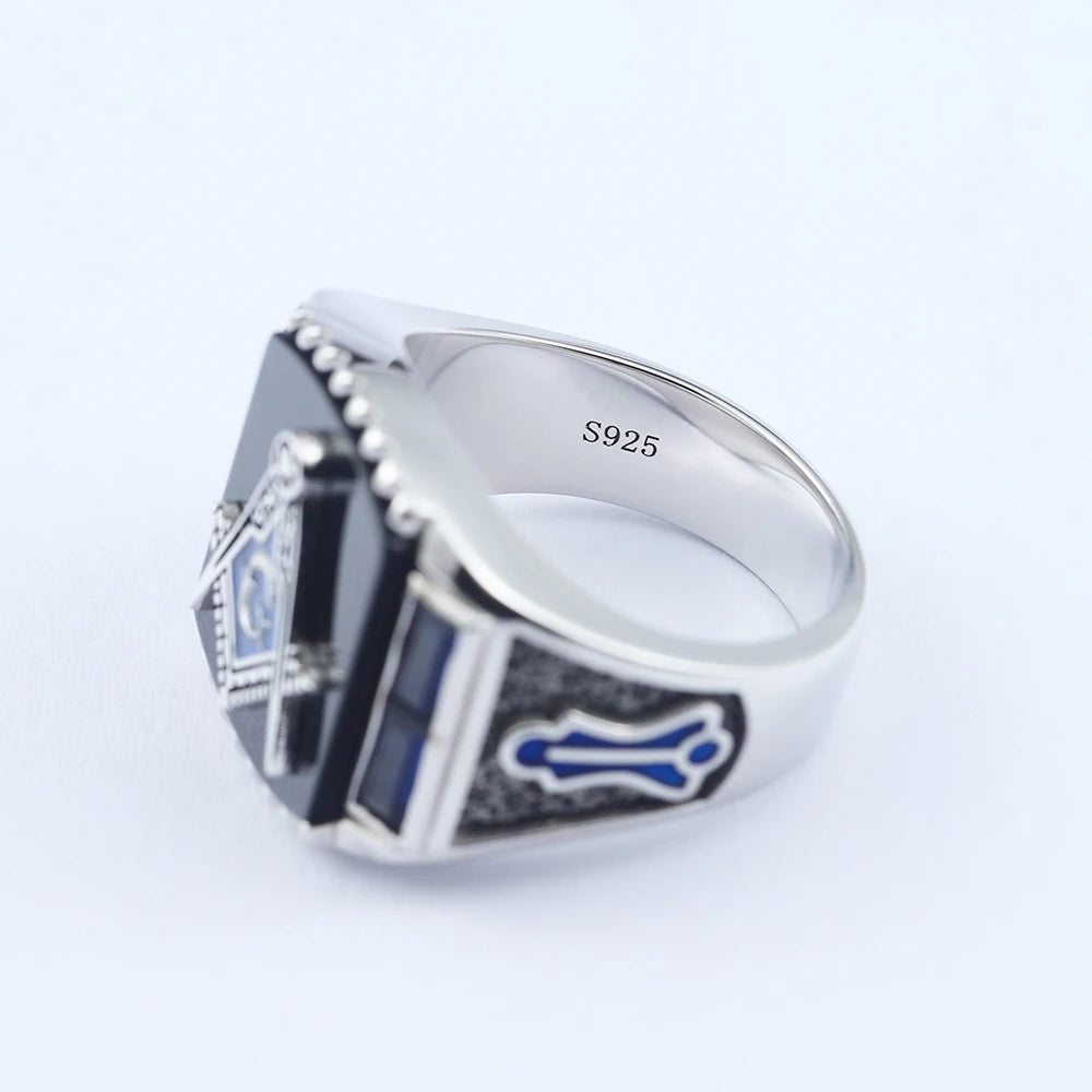 Master Mason Blue Lodge Ring - S&C G Antique Masonic Black or Blue Agate - Bricks Masons