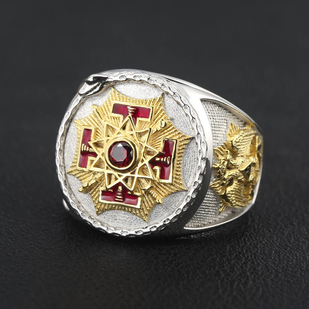 Sovereign Grand Inspector General Scottish Rite Ring - Sterling Silver Gold & Red - Bricks Masons