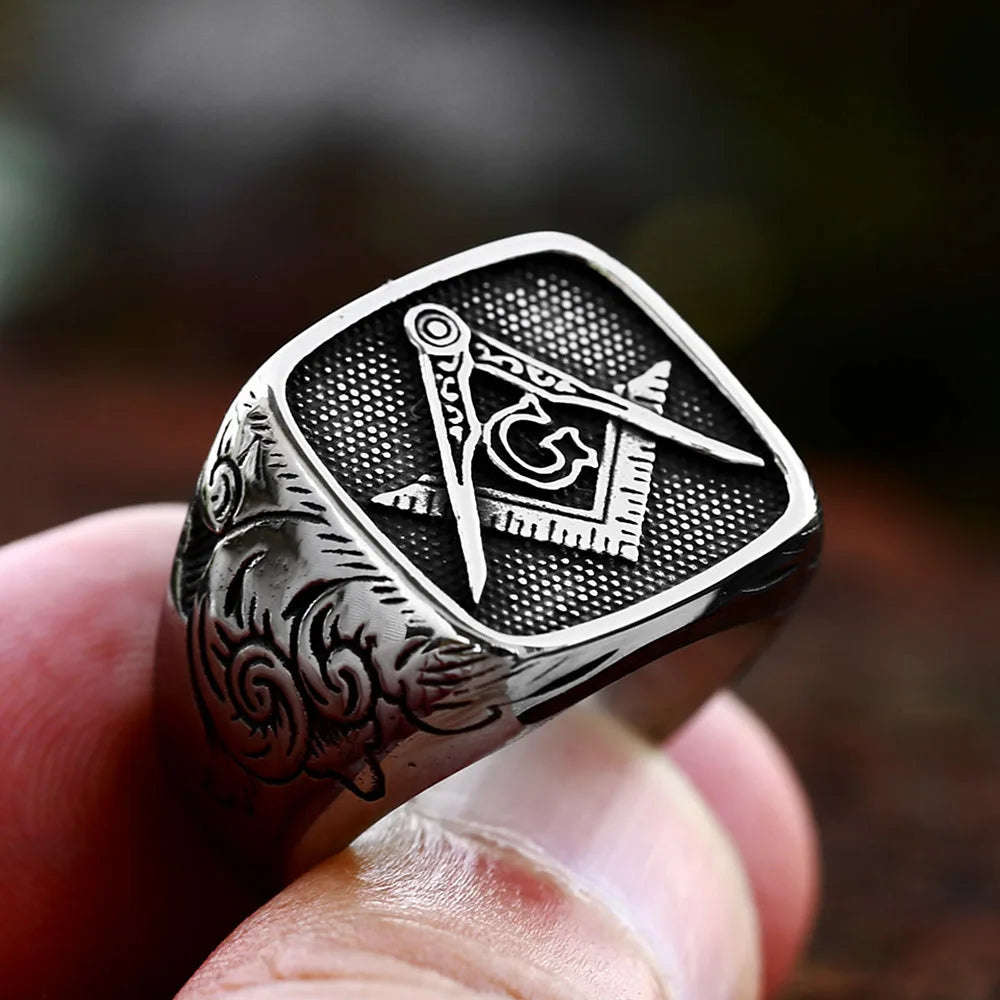 Master Mason Blue Lodge Ring - Stainless Steel Square & Compass G with Motifs