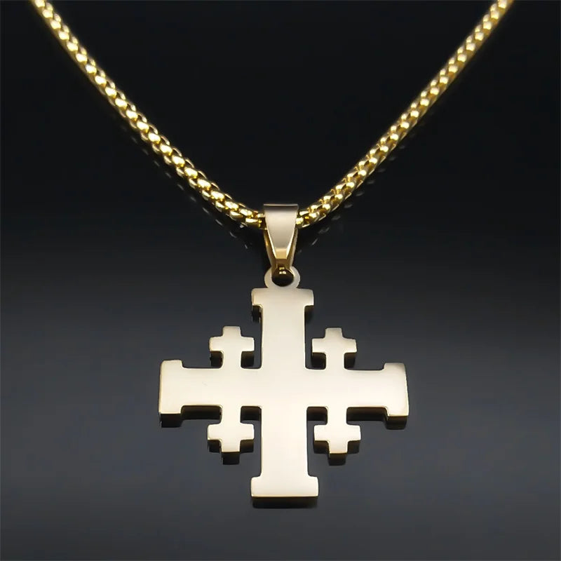 Knights Templar Commandery Necklace - Christian Jerusalem Cross Stainless Steel Bible Verse Lord's Prayer - Bricks Masons