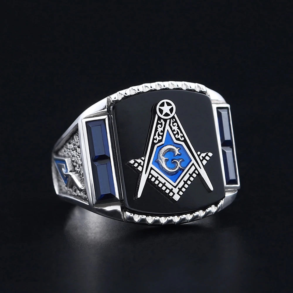 Master Mason Blue Lodge Ring - S&C G Antique Masonic Black or Blue Agate - Bricks Masons