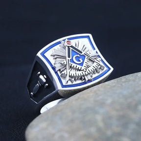Past Master Blue Lodge Ring - Square & Compass Quadrant G Sterling Silver Ring - Bricks Masons