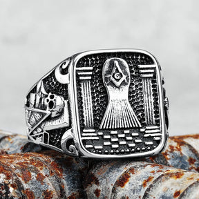 Master Mason Blue Lodge Ring - 316L Stainless Steel Pillars & Skeleton - Bricks Masons