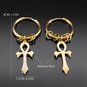 Ancient Egypt Earring - Gold Plated Stainless Steel Ankh Cross Dangle Style - Bricks Masons