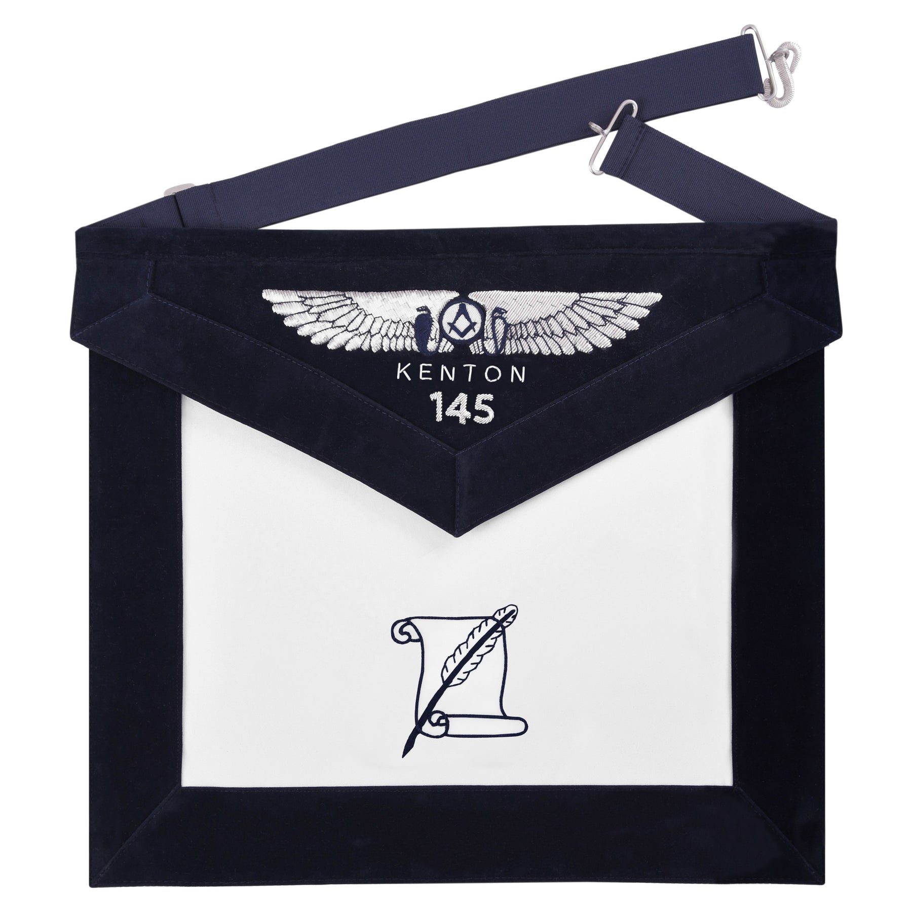 Historian Blue Lodge Officer Apron - Kenton Lodge Navy Velvet With Silver Embroidery Thread - Bricks Masons