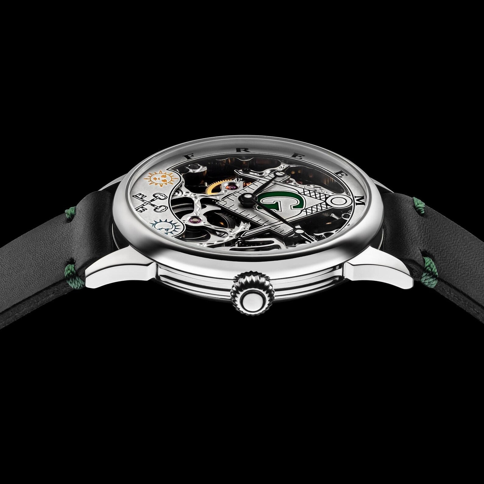 Master Mason Blue Lodge Wristwatch -  Silver Skeleton Dial Intricate Detailing - Bricks Masons