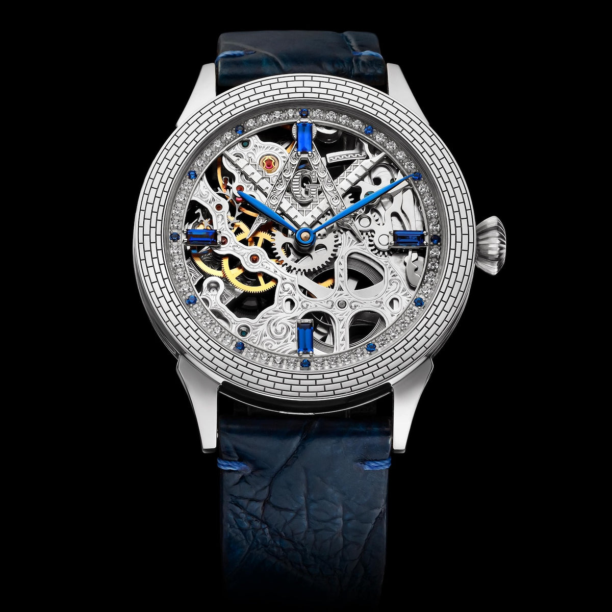 Master Mason Blue Lodge Wristwatch -  Silver Skeleton With Blue Leather Strap - Bricks Masons