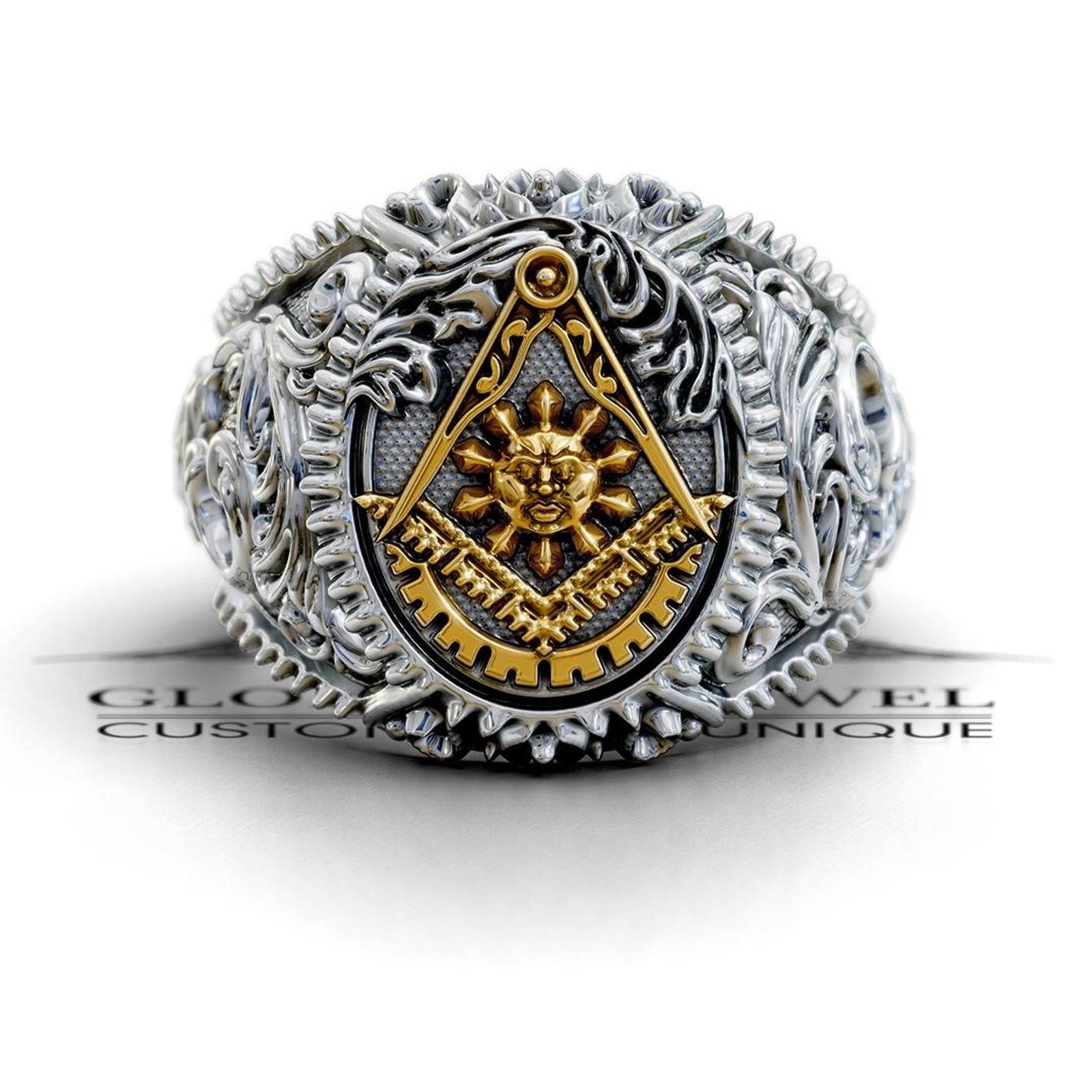 Master Mason Blue Lodge Ring - Square & Compass With Sun Various Materials - Bricks Masons