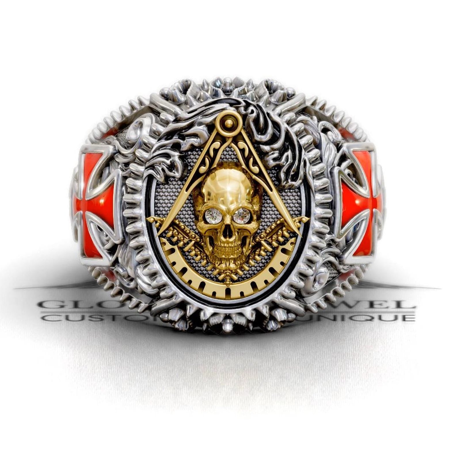 Master Mason Blue Lodge Ring - Square & Compass With Skull & Red Cross - Bricks Masons