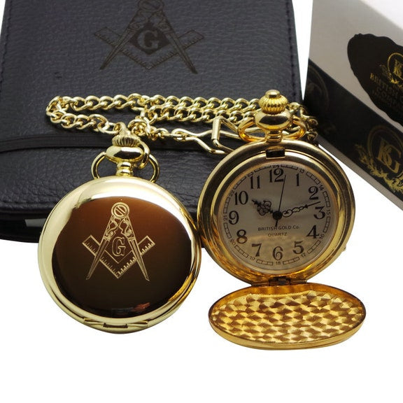 Master Mason Blue Lodge Pocket Watch - 24k Clad Gold & Grain Notebook Gift Set Custom Engraving - Bricks Masons