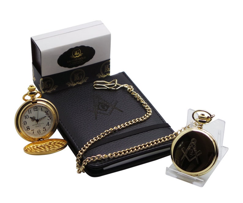 Master Mason Blue Lodge Pocket Watch - 24k Clad Gold & Grain Notebook Gift Set Custom Engraving - Bricks Masons