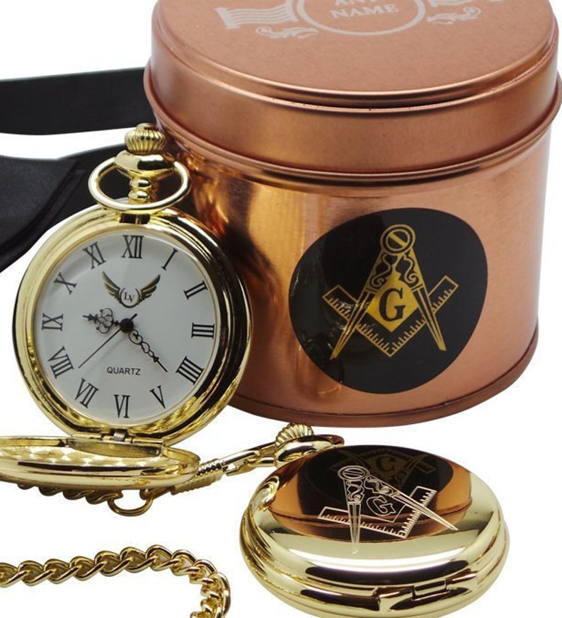 Master Mason Blue Lodge Pocket Watch - Engraved 24k Gold Clad Full Hunter Emblem - Bricks Masons