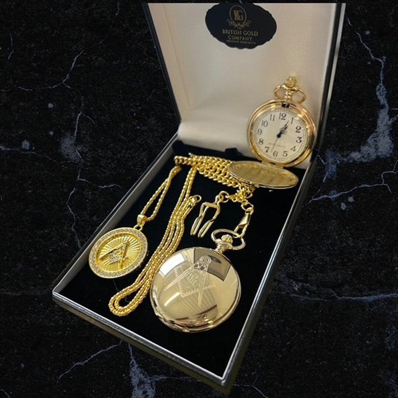 Master Mason Blue Lodge Pocket Watch - 24k Gold Clad 3 Piece Set Engraved - Bricks Masons