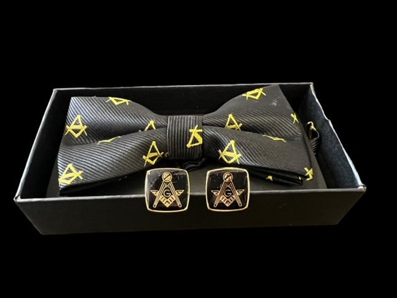 Master Mason Blue Lodge Cufflinks - With a Bow Tie Set Square & Compass - Bricks Masons