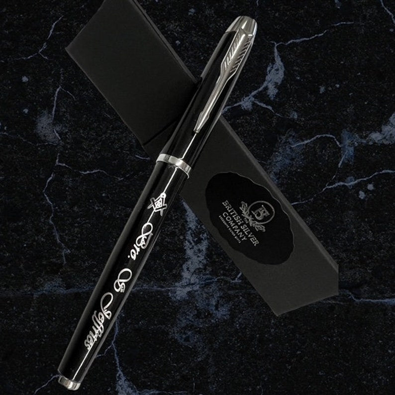 Master Mason Blue Lodge Pen - Silver Engraved Black Ink Rollerball Gift Set - Bricks Masons