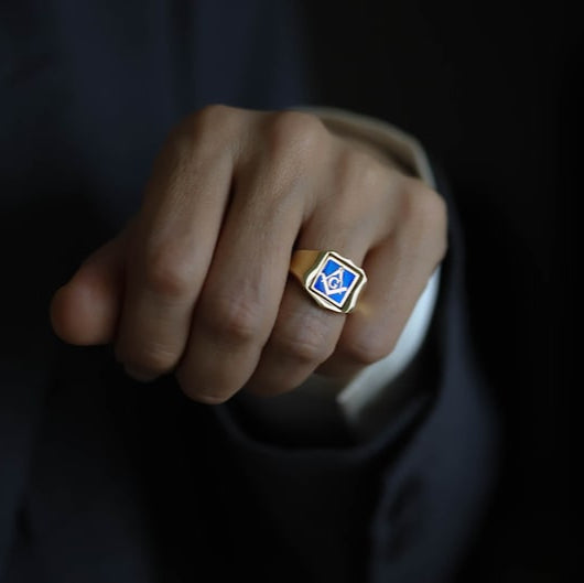 Master Mason Blue Lodge Ring - Gold & Blue Enamel Swivel