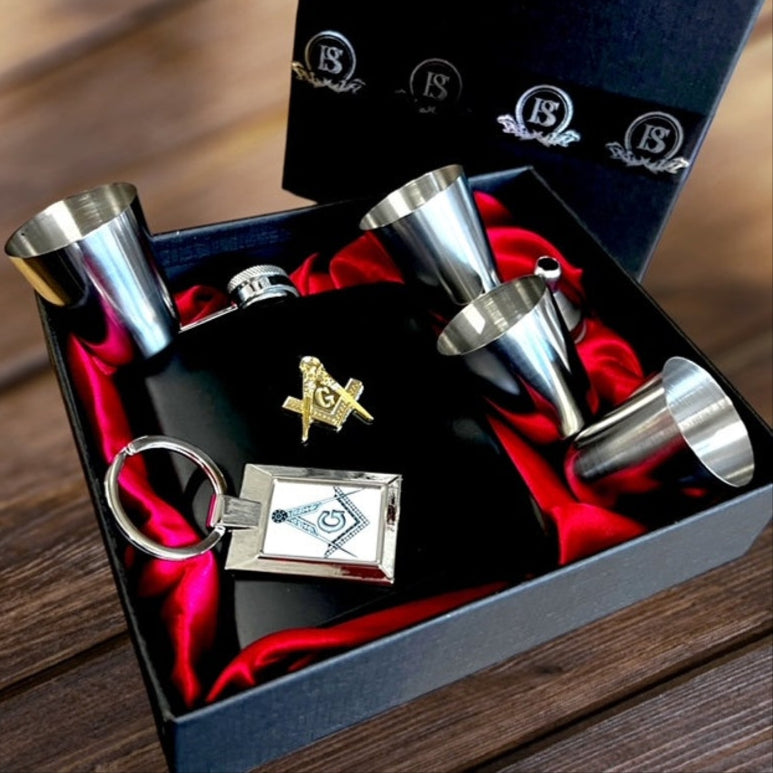 Master Mason Blue Lodge Flask - 7 Piece Luxury Gift Set with Gold Emblem - Bricks Masons