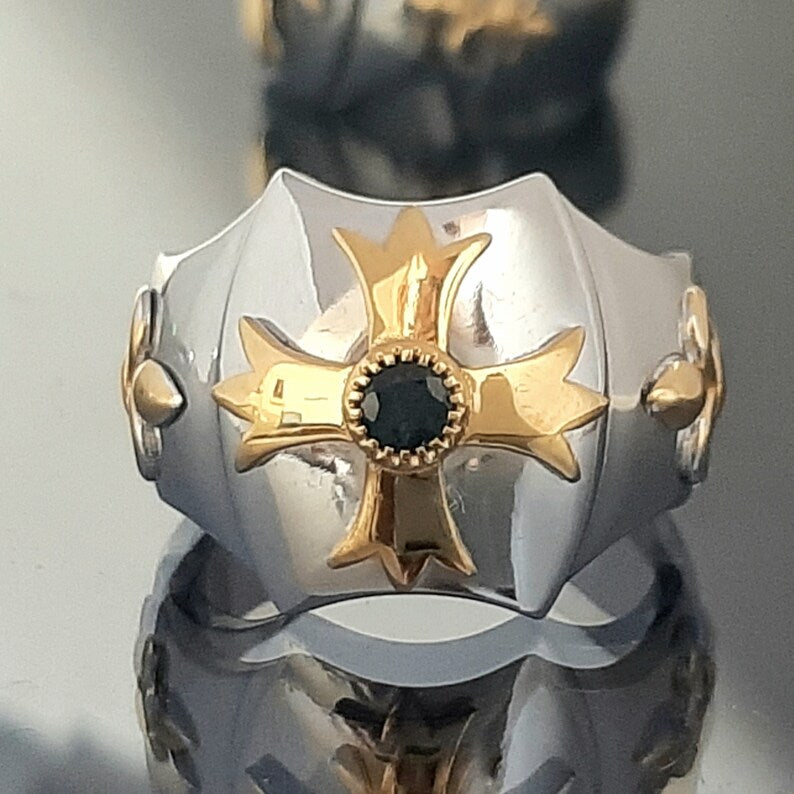 Knights Templar Ring - Gold Plated Cross Sterling Silver & Blue Sapphire