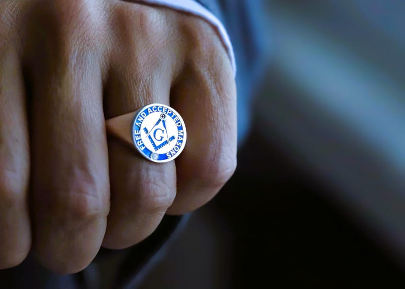 Master Mason Blue Lodge Ring - Sterling Silver With Blue Enamel - Bricks Masons