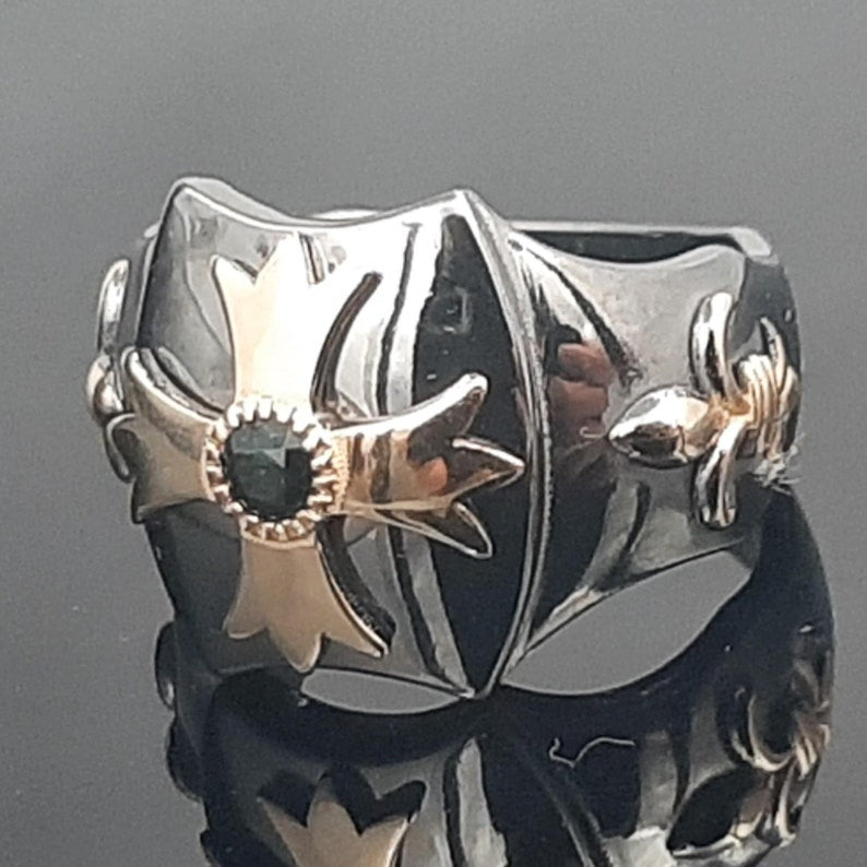 Knights Templar Ring - Gold Plated Cross Sterling Silver & Blue Sapphire