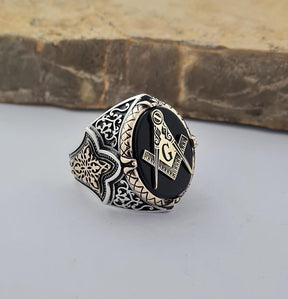 Master Mason Blue Lodge Ring - Sterling Silver Onyx - Bricks Masons