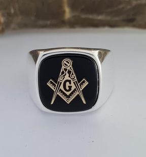 Master Mason Blue Lodge Ring - Handmade Sterling Silver Onyx - Bricks Masons